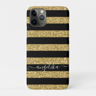 Black and Gold Glitter Stripes Script Custom Name iPhone 11 Pro Case