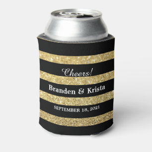 Black and Gold Glitter Stripes   Wedding Can Cooler