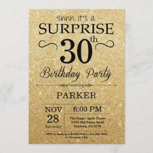Black and Gold Glitter Surprise 30th Birthday Invitation