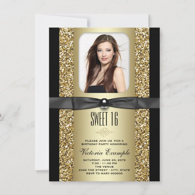 Black and Gold Glitter Sweet 16 Party Invitation (Front)