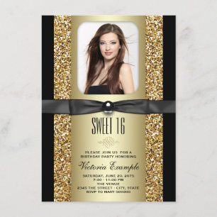 Black and Gold Glitter Sweet 16 Party Invitation