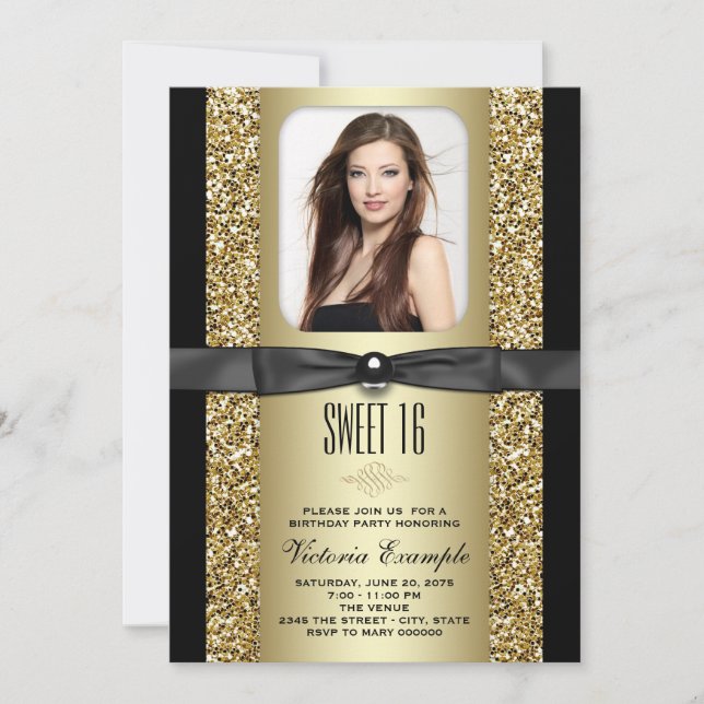 Black and Gold Glitter Sweet 16 Party Invitation (Front)