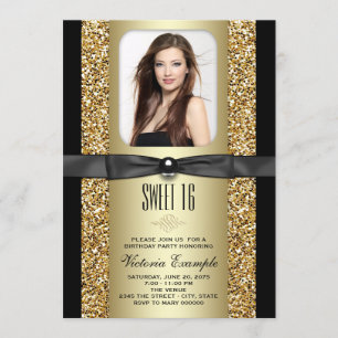 Black and Gold Glitter Sweet 16 Party Invitation