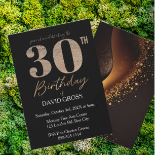 Black and Gold Glitter Swirl 30th Birthday Invitation