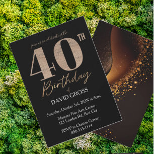 Black and Gold Glitter Swirl 40th Birthday Invitation
