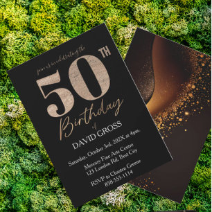 Black and Gold Glitter Swirl 50th Birthday Invitation