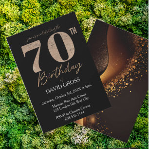 Black and Gold Glitter Swirl 70th Birthday Invitation