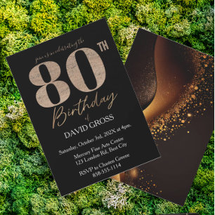 Black and Gold Glitter Swirl 80th Birthday Invitation