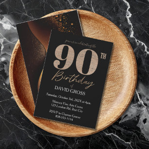 Black and Gold Glitter Swirl 90th Birthday Invitation