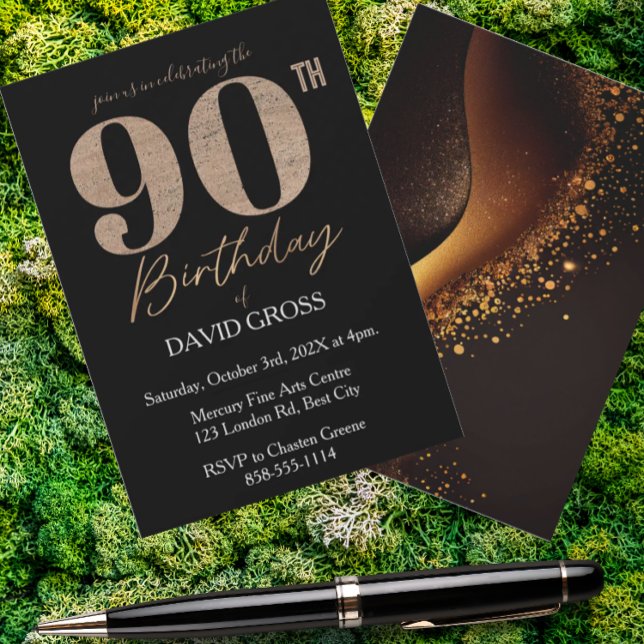 Black and Gold Glitter Swirl 90th Birthday  Invitation (Creator Uploaded)