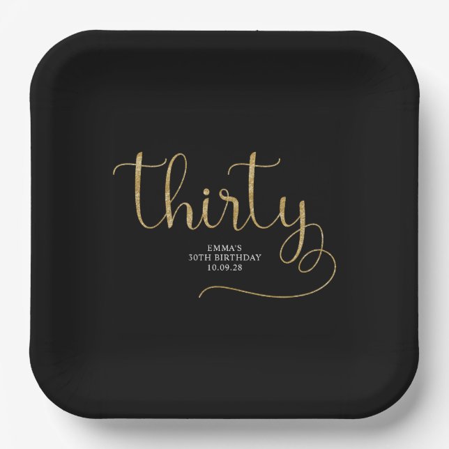 Black and Gold Glitter Thirty Typography Birthday Paper Plate (Front)