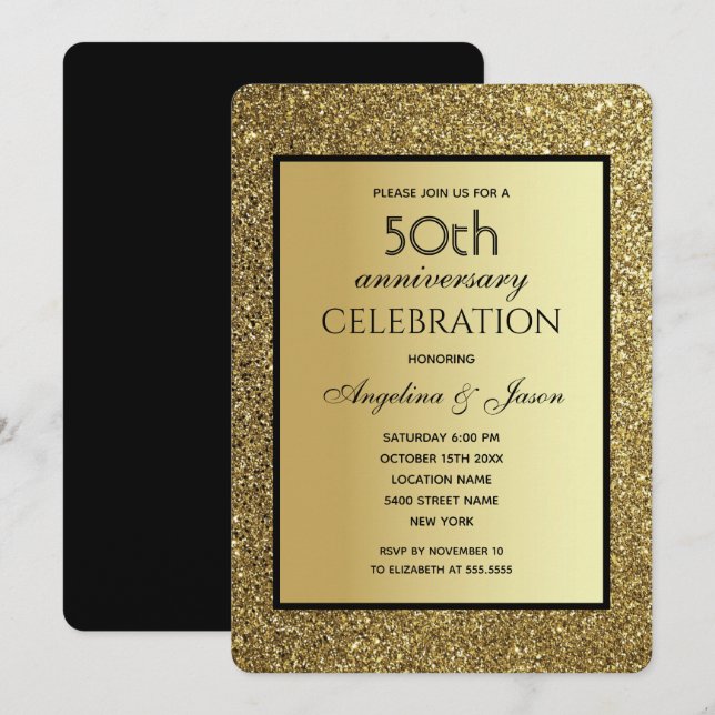 Black and Gold Glitter Wedding 50th Anniversary Invitation (Front/Back)