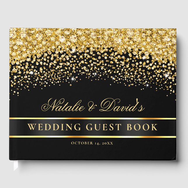 Black and Gold Glitter Wedding Guest Book (Front)