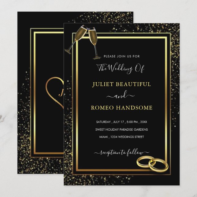 Black and Gold Glitter Wedding Invitation Card (Front/Back)