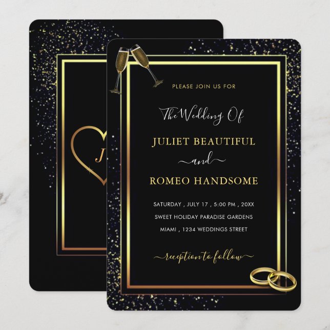 Black and Gold Glitter Wedding Invitation Example (Front/Back)