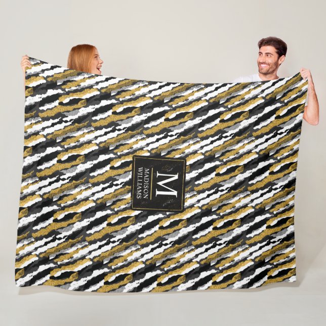 Black and Gold Glitter White Animal Zebra Pattern  Fleece Blanket (In Situ)