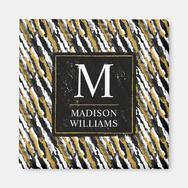 Black and Gold Glitter White Animal Zebra Pattern Magnet (Front)