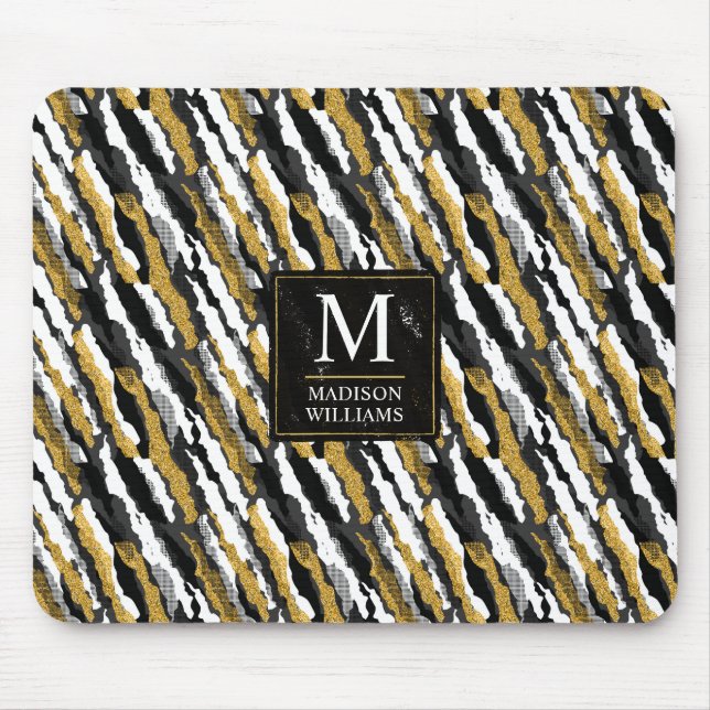 Black and Gold Glitter White Animal Zebra Pattern Mouse Mat (Front)