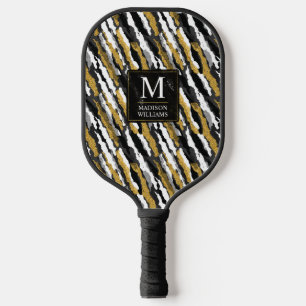 Black and Gold Glitter White Animal Zebra Pattern Pickleball Paddle