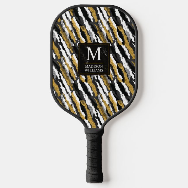 Black and Gold Glitter White Animal Zebra Pattern Pickleball Paddle (Front)
