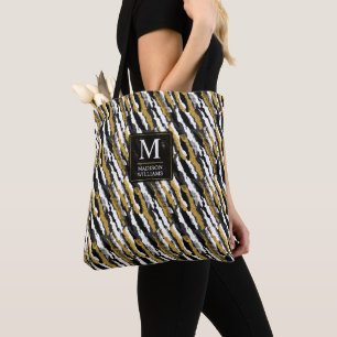 Black and Gold Glitter White Animal Zebra Pattern Tote Bag