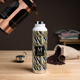 Black and Gold Glitter White Animal Zebra Pattern Water Bottle
