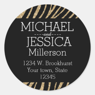 Black and Gold Glitter Zebra Personalised address Classic Round Sticker