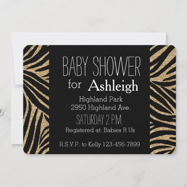 Black and Gold Glitter Zebra Print baby shower Invitation (Front)