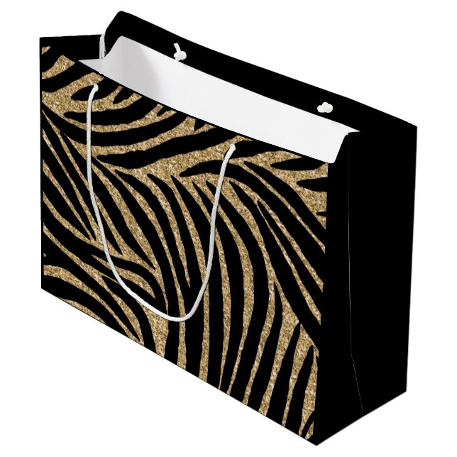 Black and Gold Glitter Zebra Print Large Gift Bag (Front Angled)