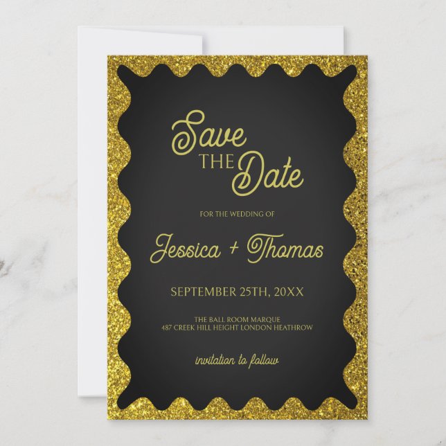 Black and Gold Glitters Wavy Retro Save the Date Invitation (Front)