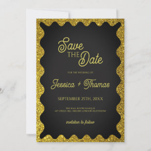 Black and Gold Glitters Wavy Retro Save the Date Invitation