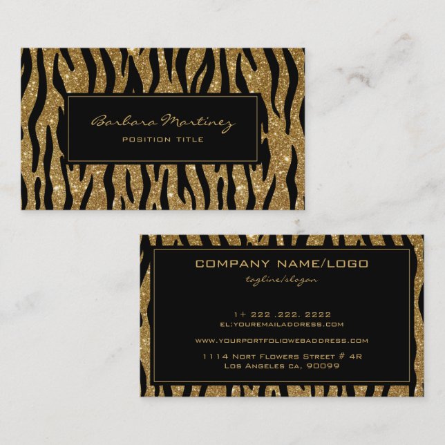 Black And Gold Glittery Animal Print Business Card (Front/Back)