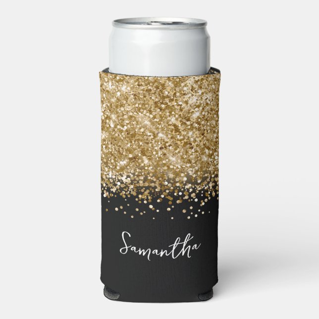 Black and Gold Glittery Glam Script Name Seltzer Can Cooler (Seltzer Front)