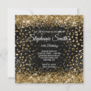 Black and Gold Glittery Leopard Foil 40th Birthday Invitation