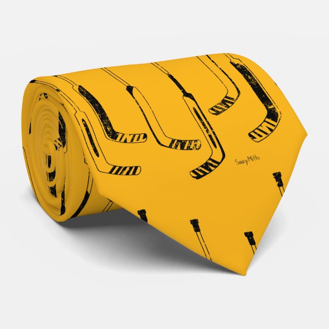 Black and Gold Goalie Sticks Hockey Tie (Rolled)