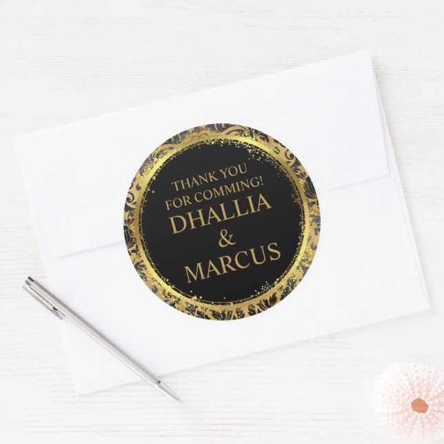 Black And Gold Goth Pattern Classic Round Sticker (Envelope)