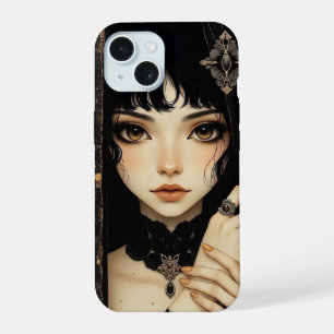 Black and Gold Gothic Anime Girl iPhone 15 Case