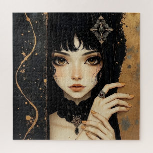 Black and Gold Gothic Anime Girl Jigsaw Puzzle