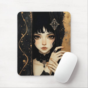 Black and Gold Gothic Anime Girl Mouse Mat