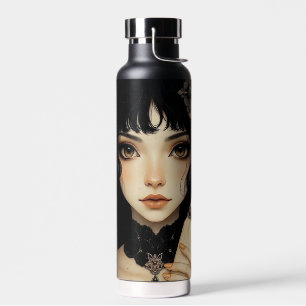 Black and Gold Gothic Anime Girl Personalised Water Bottle