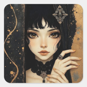 Black and Gold Gothic Anime Girl Square Sticker