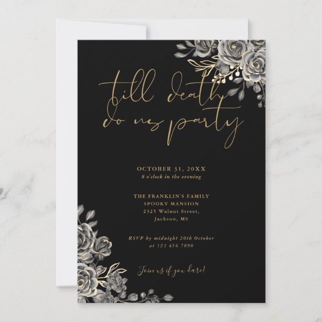 Black And Gold Gothic Floral Adult Halloween Party Invitation (Front)
