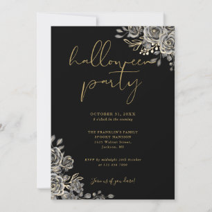 Black And Gold Gothic Floral Adult Halloween Party Invitation