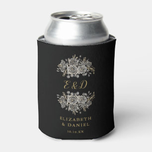 Black And Gold Gothic Floral Monogram Wedding Can Cooler