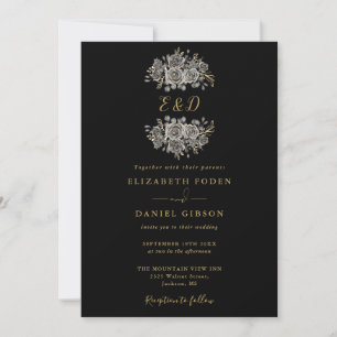 Black And Gold Gothic Floral Monogram Wedding Invitation