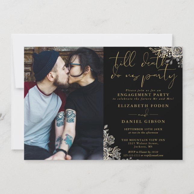 Black And Gold Gothic Floral Photo Engagement Invitation (Front)