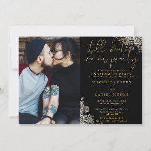 Black And Gold Gothic Floral Photo Engagement Invitation