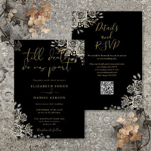 Black And Gold Gothic Floral QR Code Wedding Invitation