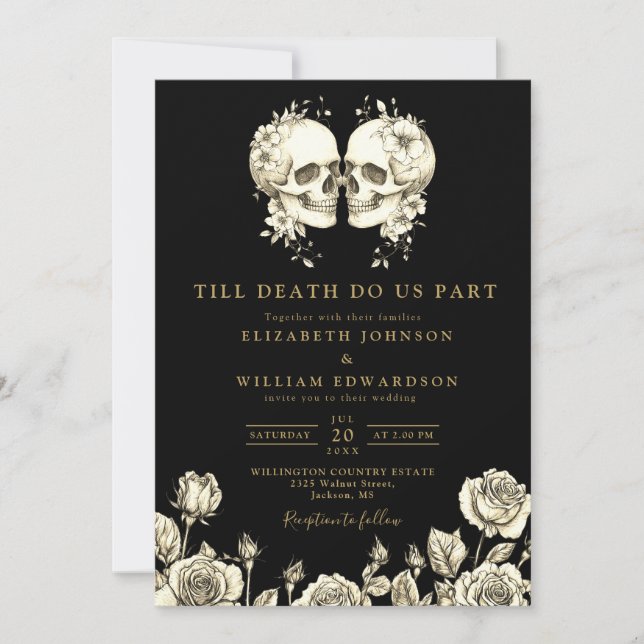 Black And Gold Gothic Floral Skulls Wedding Invitation (Front)