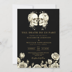 Black And Gold Gothic Floral Skulls Wedding Invitation